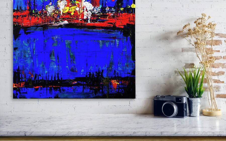 Abstract blue and red colors acrylic painting on stretched canvas
