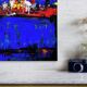 Abstract blue and red colors acrylic painting on stretched canvas