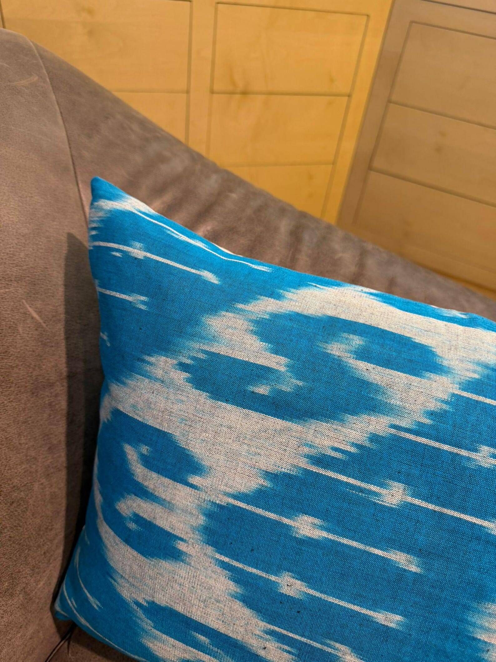 Hand Crafted Silk Ikat Lumbar Cushion Cover, Sky Blue Wave Pillow Case