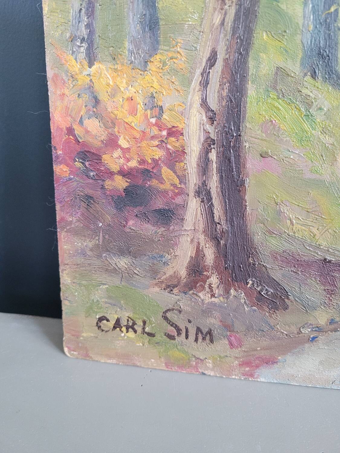 Oil on wood landscape signed Carl SIM