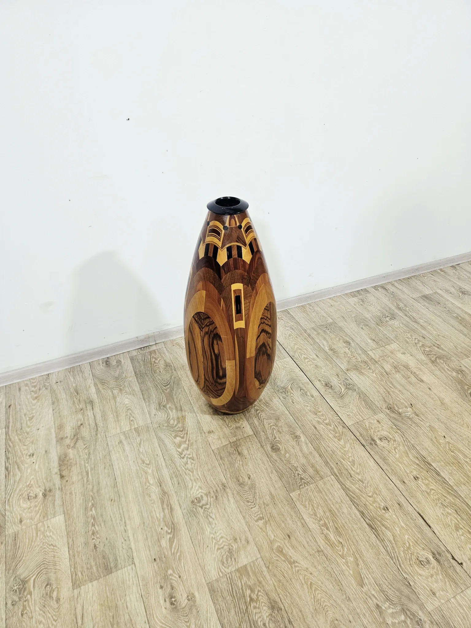 Monumental wooden floor vase / intarsia / wood mosaic / Africa / 1950s–1960