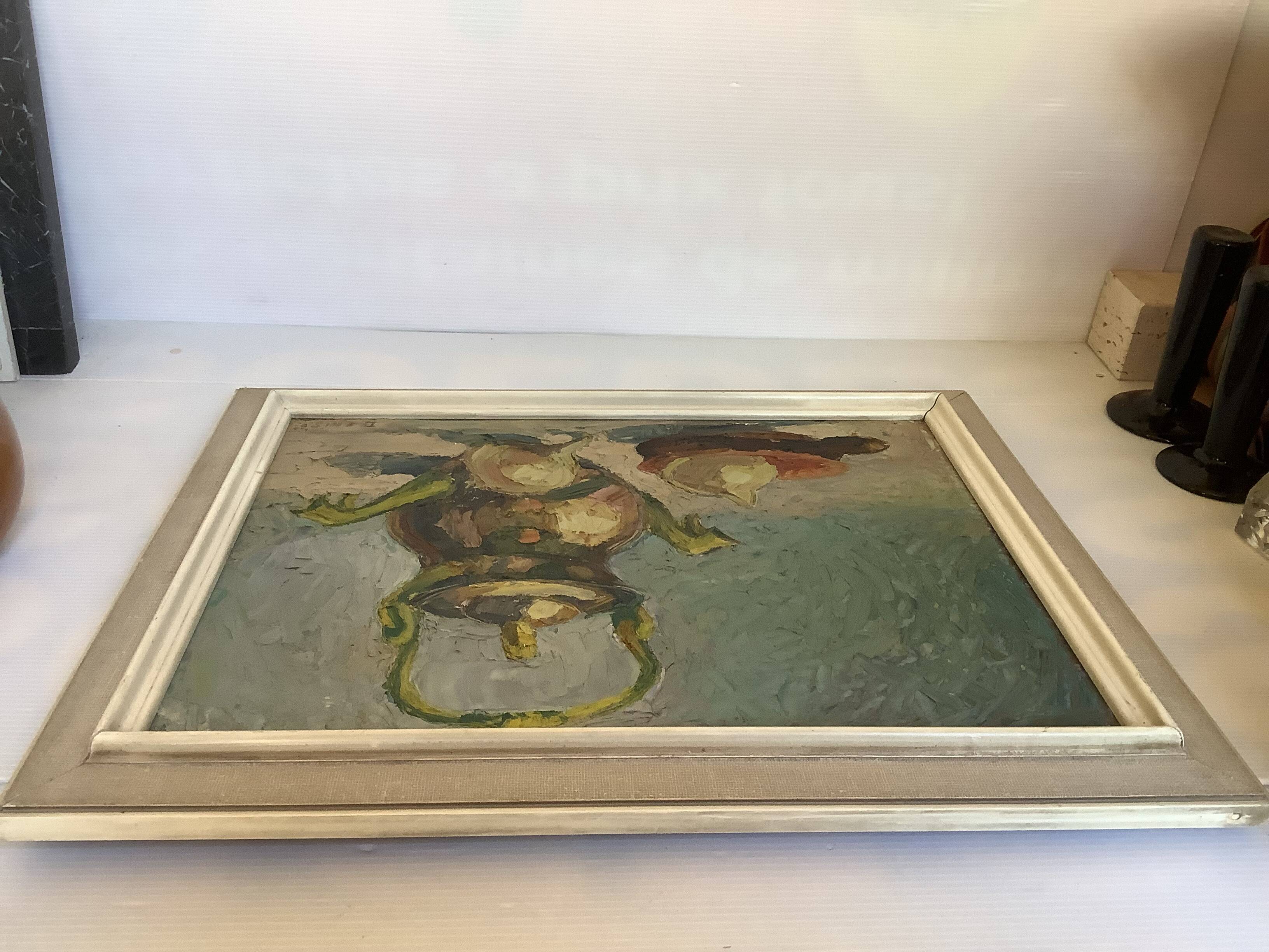 Still life with knife on cardboard signed