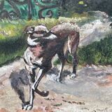 Tableau peinture ancienne chiens trois lévriers XXe
