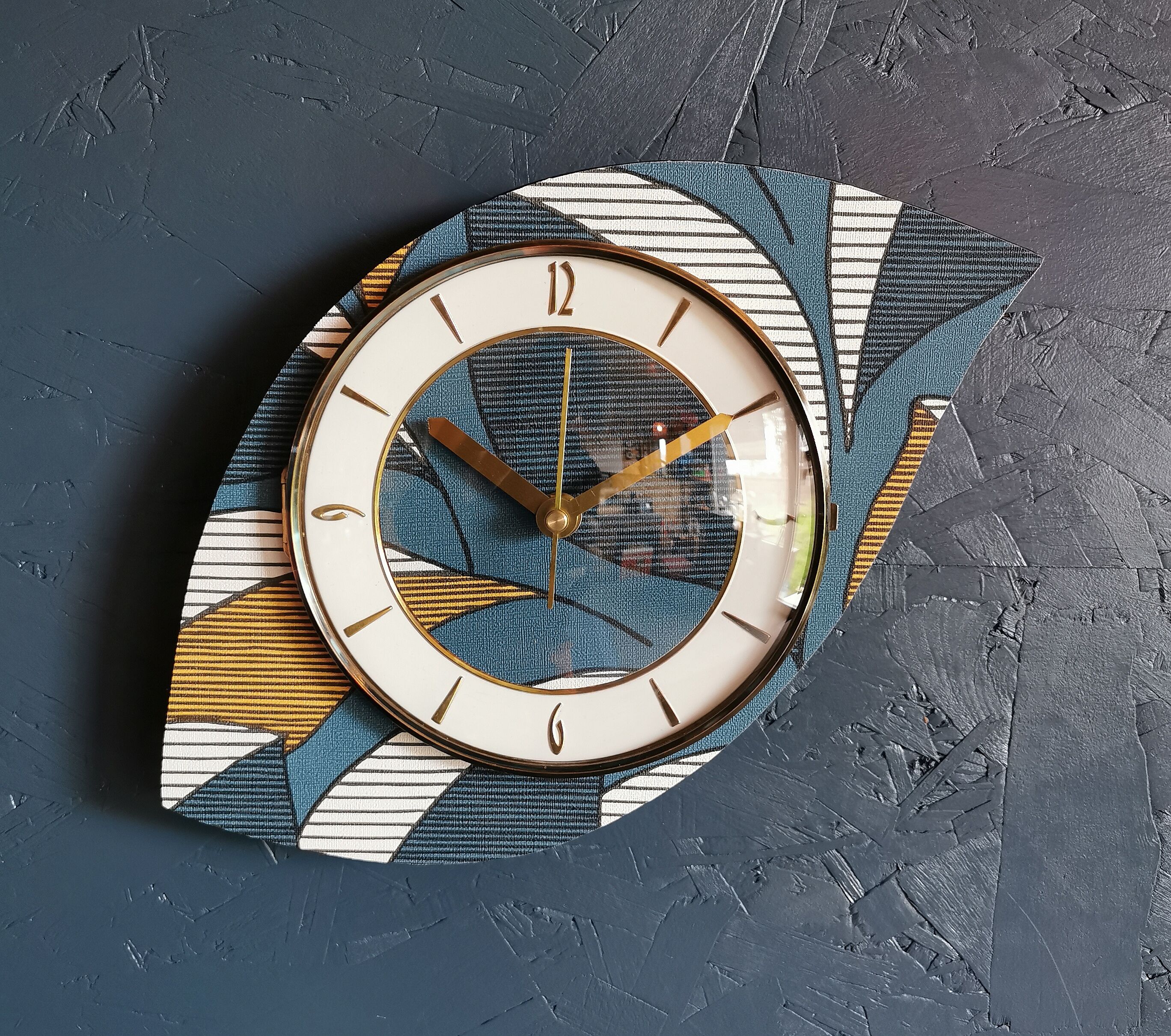 Vintage clock asymmetrical silent wall clock "Blue white ochre"
