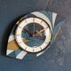 Horloge vintage pendule murale silencieuse asymétrique "Bleu blanc ocre"
