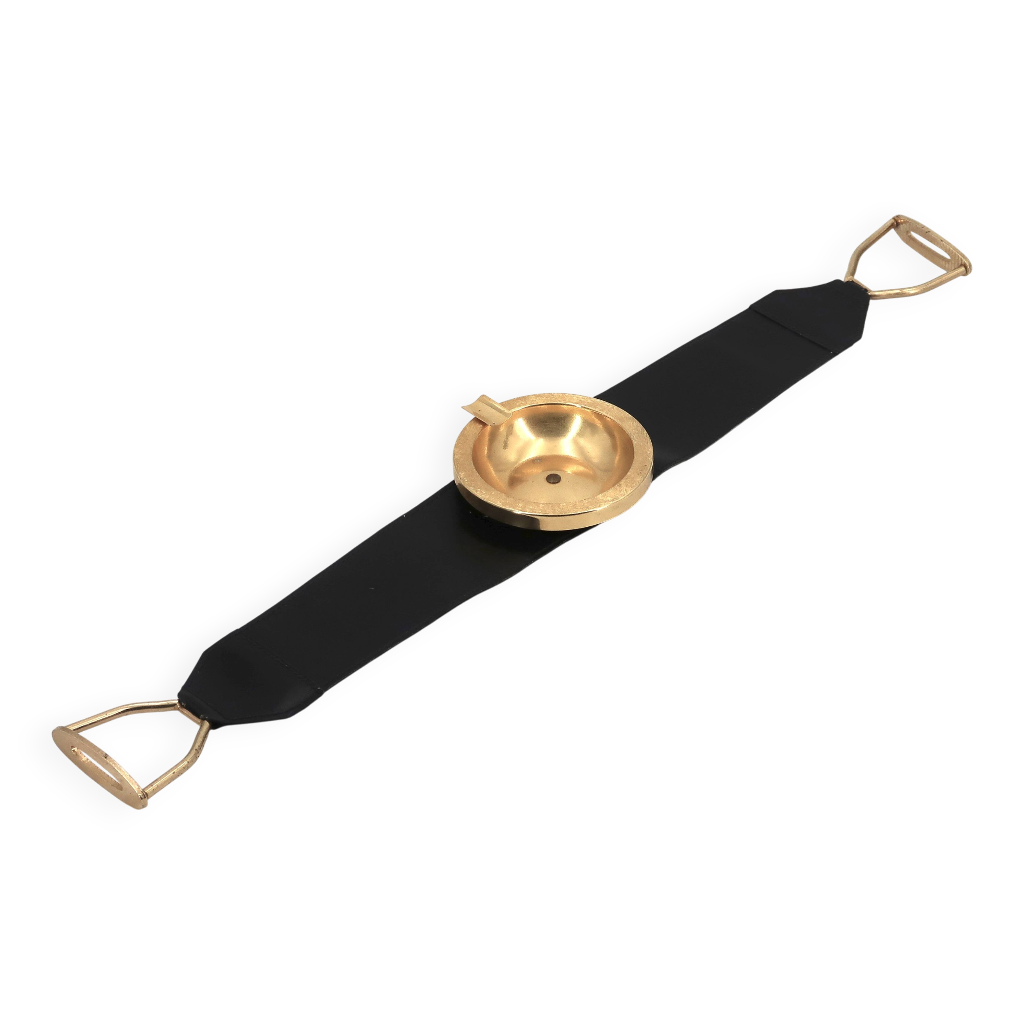 Golden metal armrest ashtray with faux leather and stirrups, 1950s.