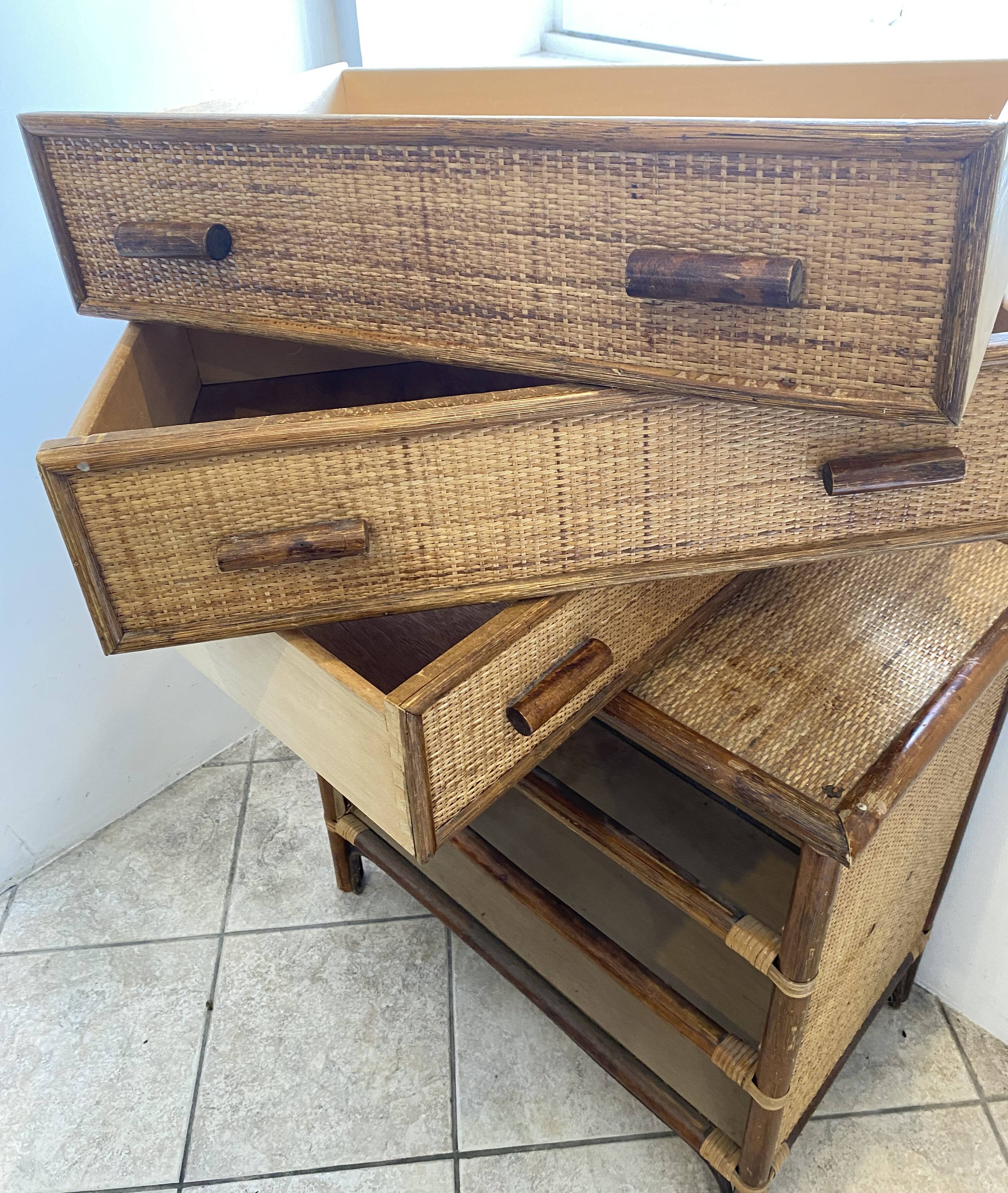 Vintage 1970s bamboo rattan 3-drawer chest of drawers.