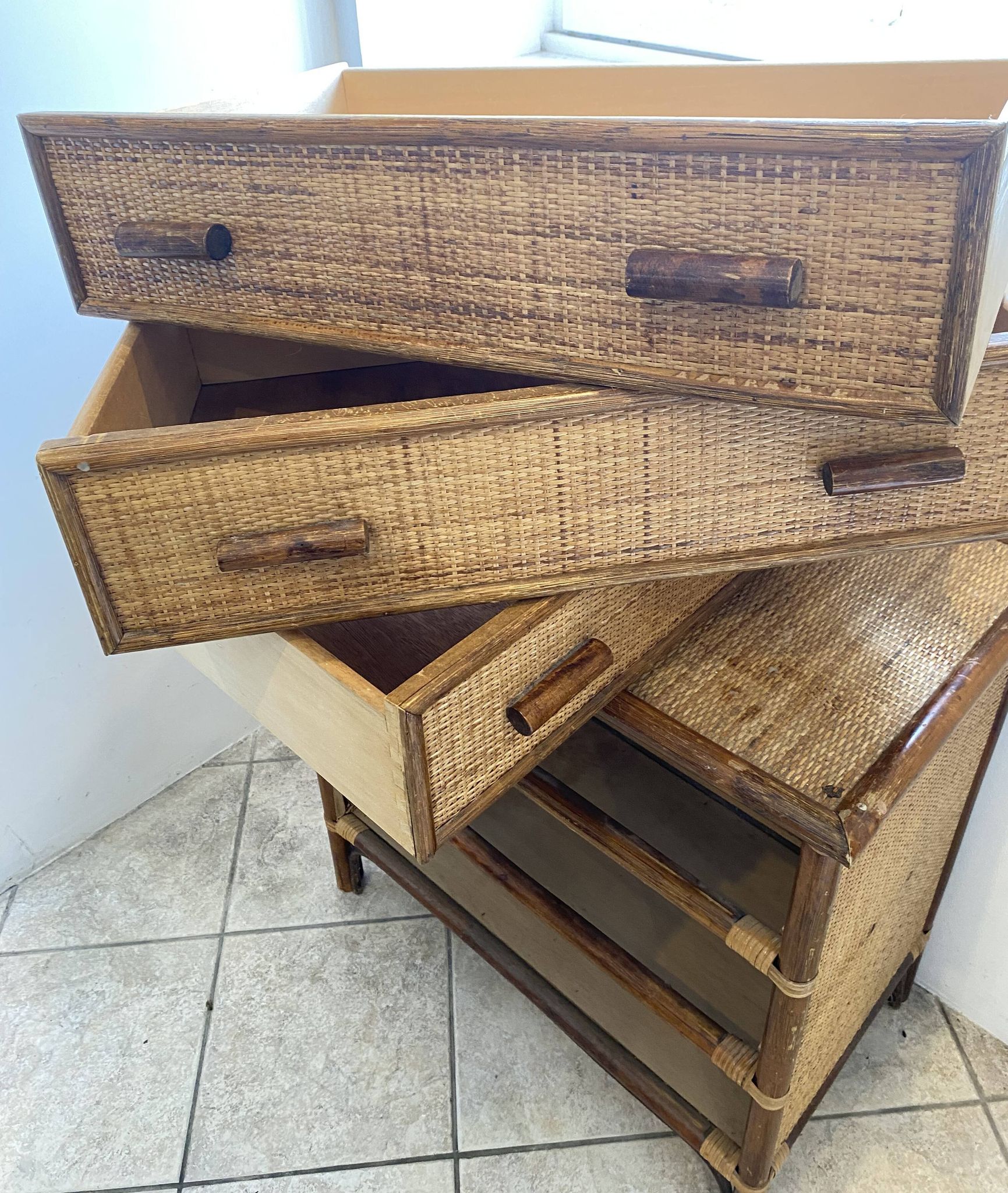Vintage 1970s bamboo rattan 3-drawer chest of drawers.