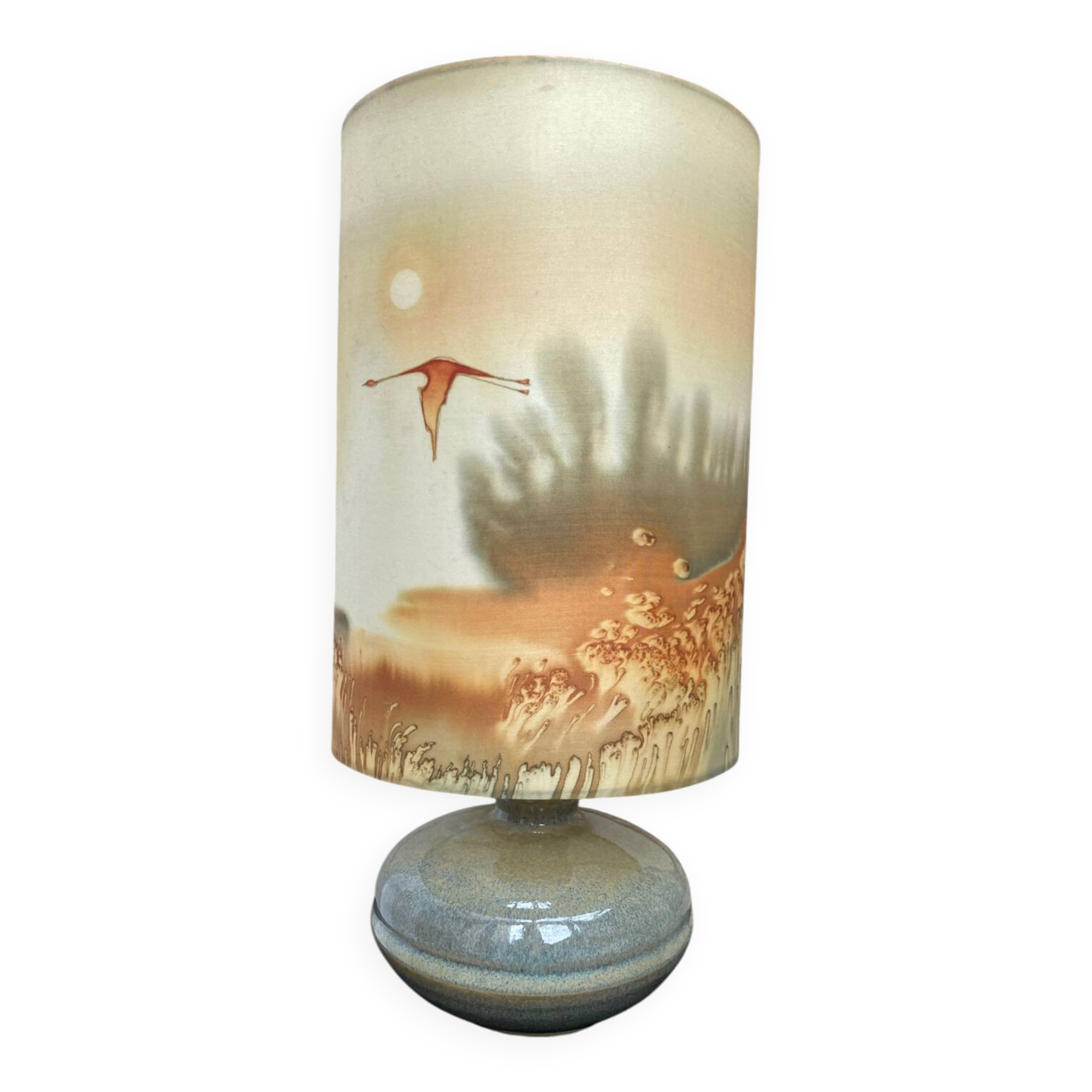 Vintage enamelled stoneware lamp with silk lampshade