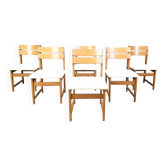 Ensemble de 6 chaises de salle à manger en chêne et tissu bouclé brutaliste, années 1970.