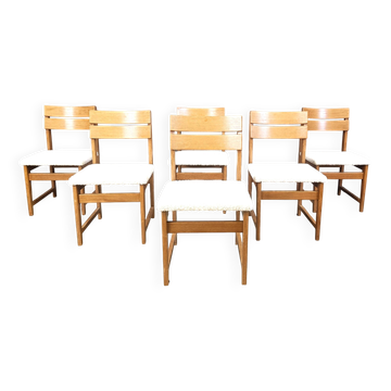 Set of 6 brutalist oak and bouclé fabric dining chairs, 1970s