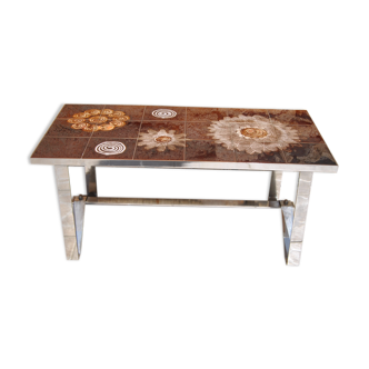 70s brown ceramic coffee table with patterns and chrome