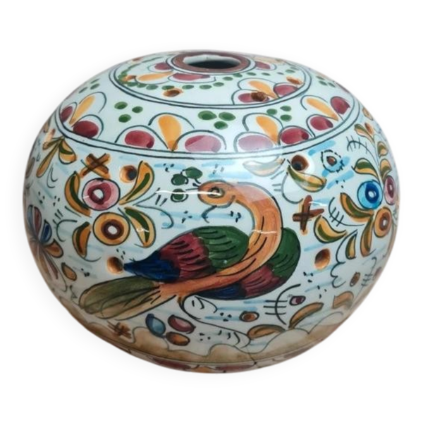 Pic-fleurs ancien en faïence décor main – oiseau & décor polychrome