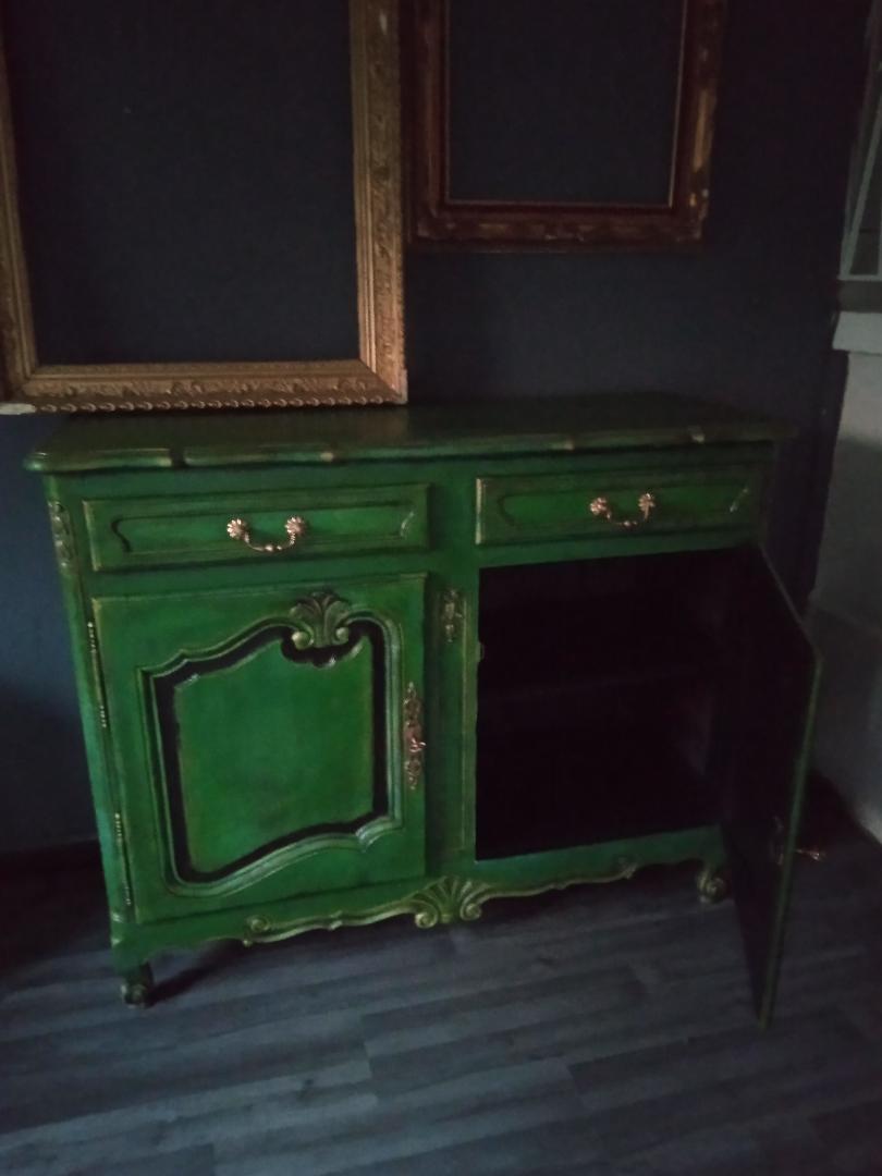 Buffet style Louis XV green and golden cerusé.