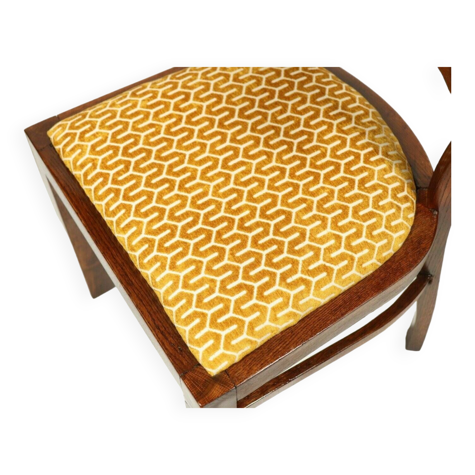 Chaise Art Déco des années 1940, chaise de cabinet Jacquard couleur or jaune tissu tapisserie d'ameublement géométrique Resto