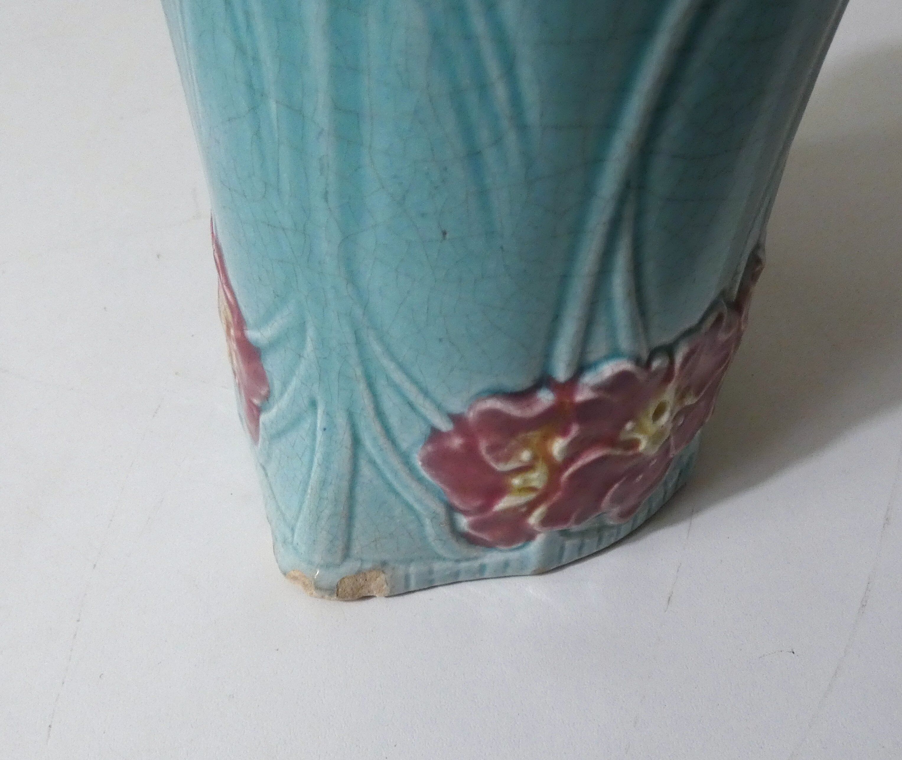 Antique Art Deco turquoise flowered slipware jug vase