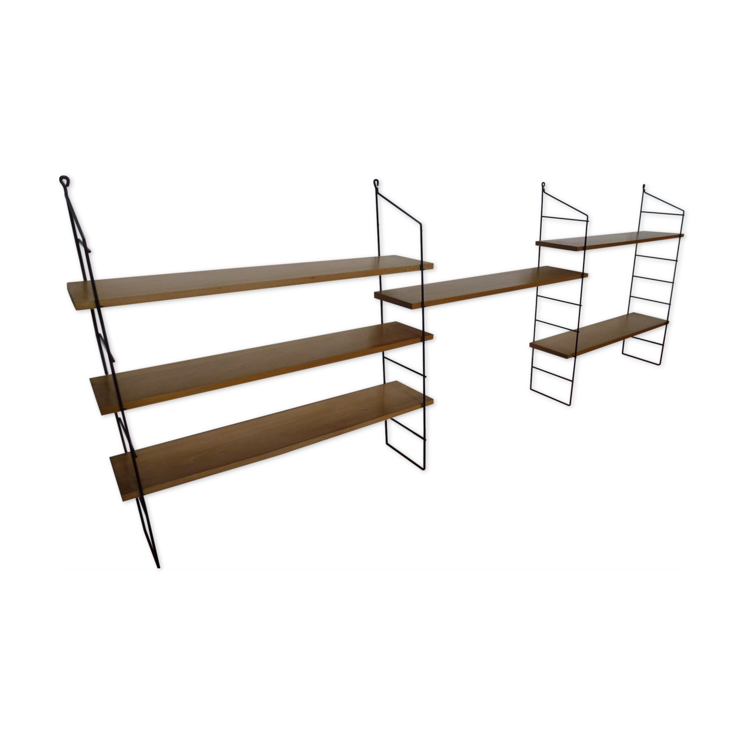 Vintage thong wall shelf, wood and black lace-up metal