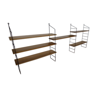 Vintage thong wall shelf, wood and black lace-up metal