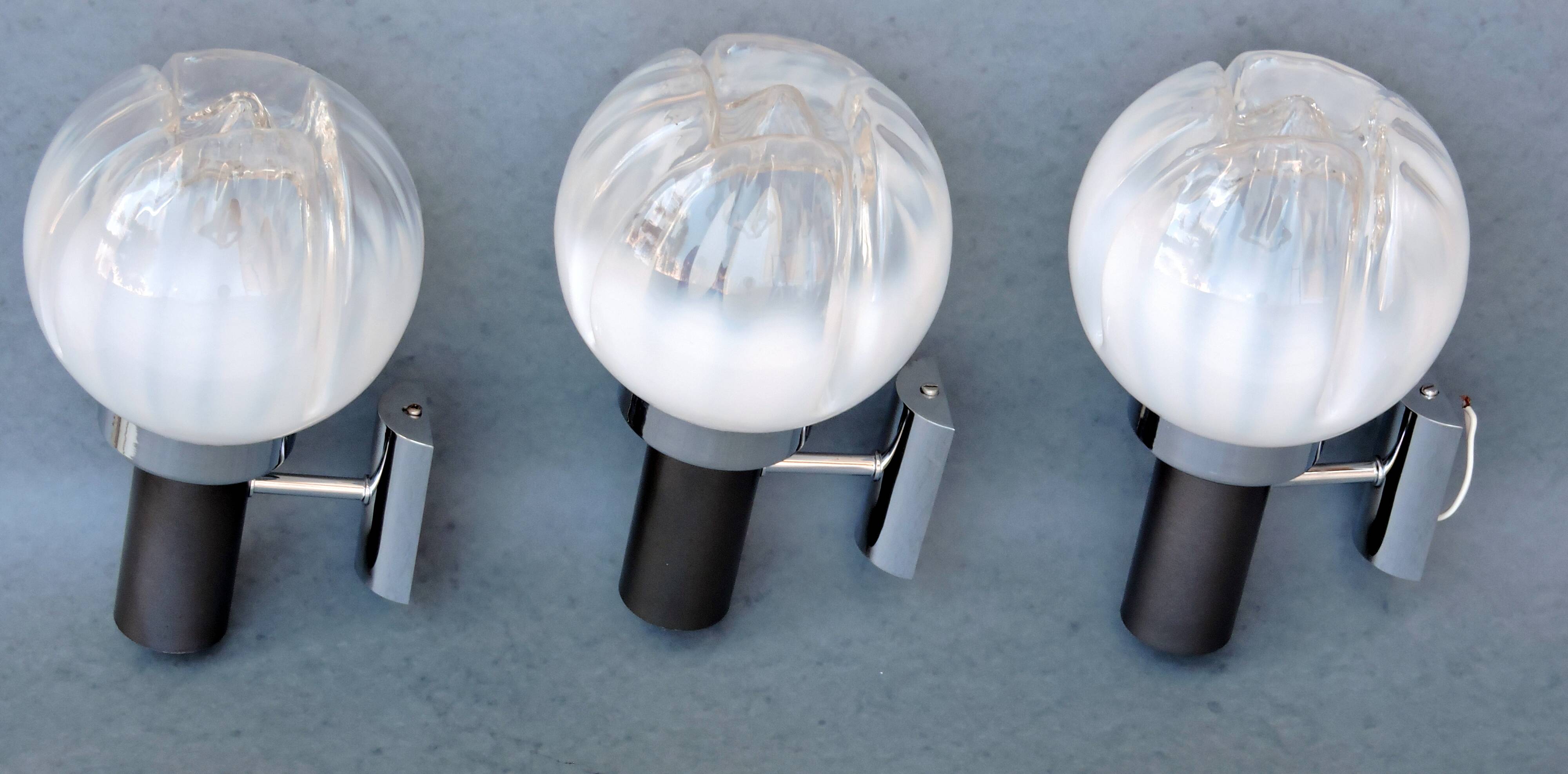 Three vintage wall lamps mazzega opalescent murano italy, year 70