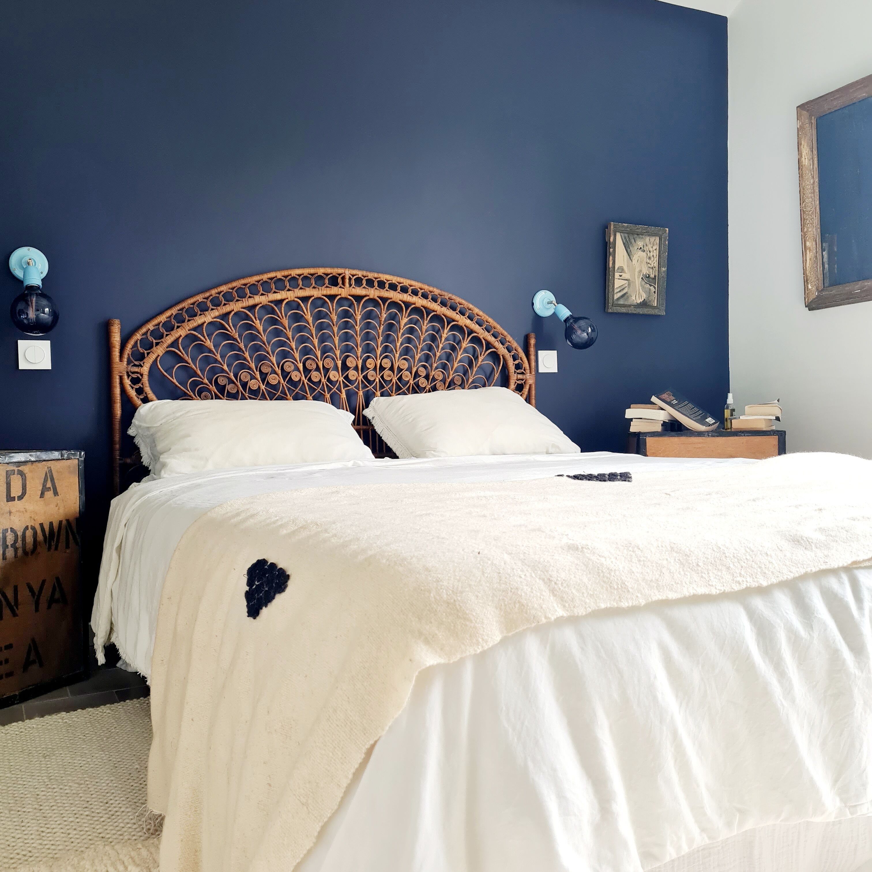 Peacock headboard in vintage rattan