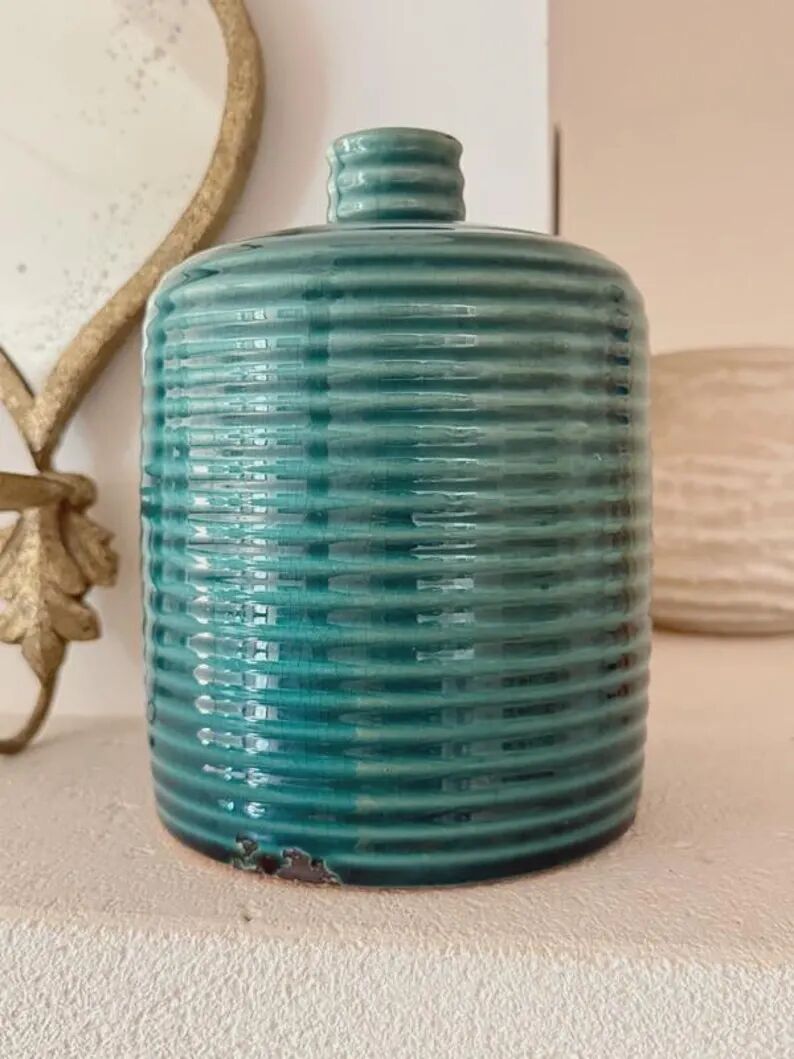 Duck blue ribbed glazed ceramic bottle vase – Mid-Century style