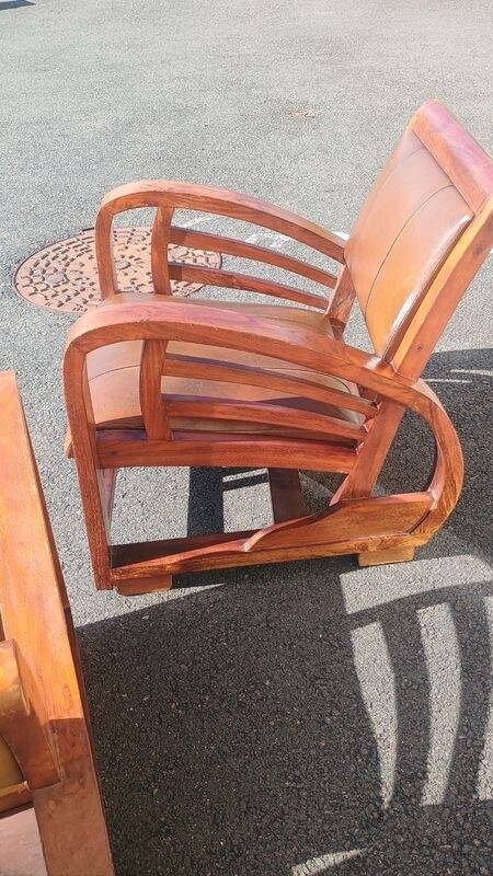 Pair of Club Ship Chairs Art Deco – Solid Wood & Brown Leather/Leatherette