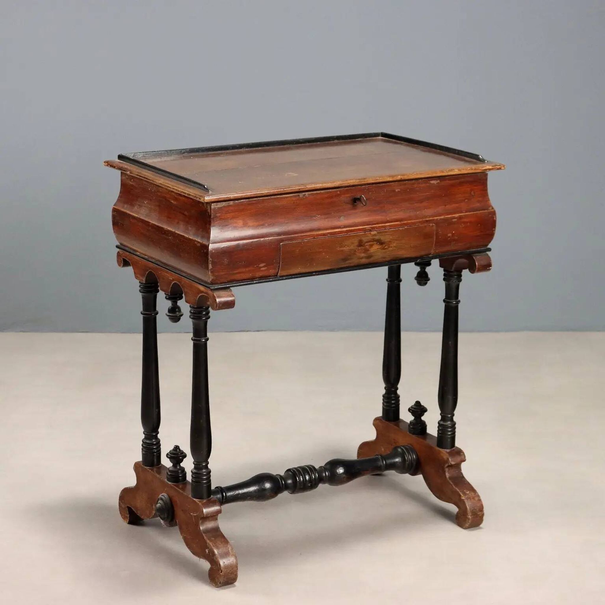 Antique sewing table in painted poplar with walnut effect, Italy, late 19th century.