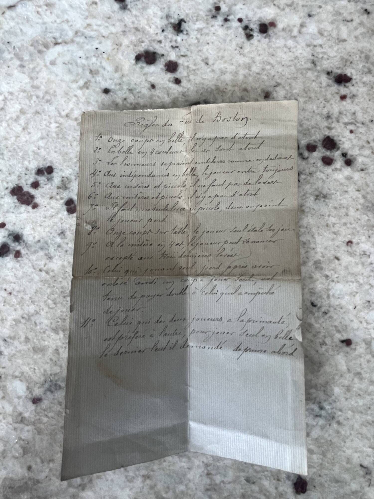 Antique Boston game box from the 19th century - marquetry, tokens, and handwritten rules.