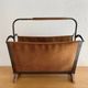 Vintage magazine rack from the 1950s, leather, brass, wood.