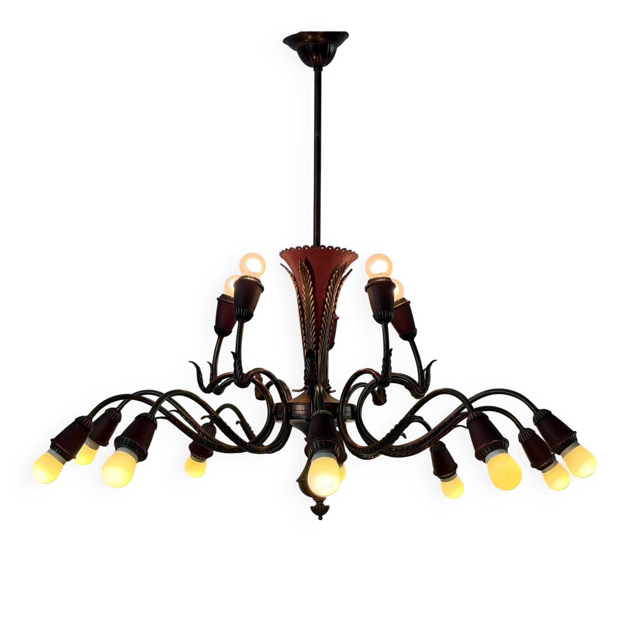 Large Burgundy brass chandelier with 15 arms, 1950, Italy