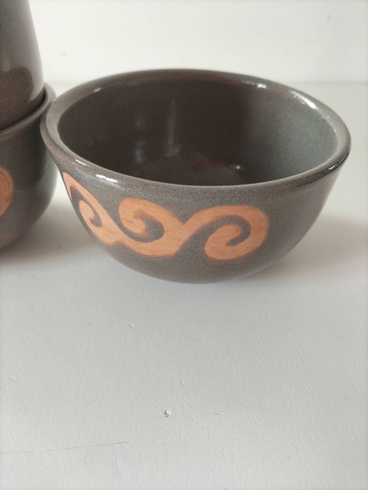 Set of 3 signed glazed stoneware bowls