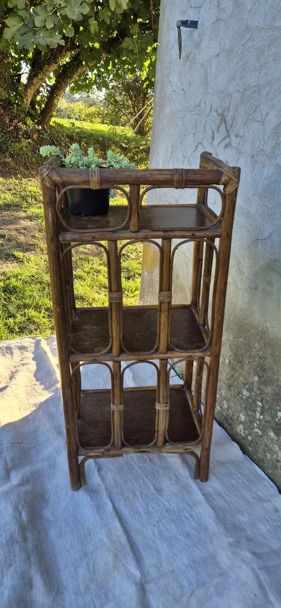 Set of 2 vintage bamboo rattan bedside shelves