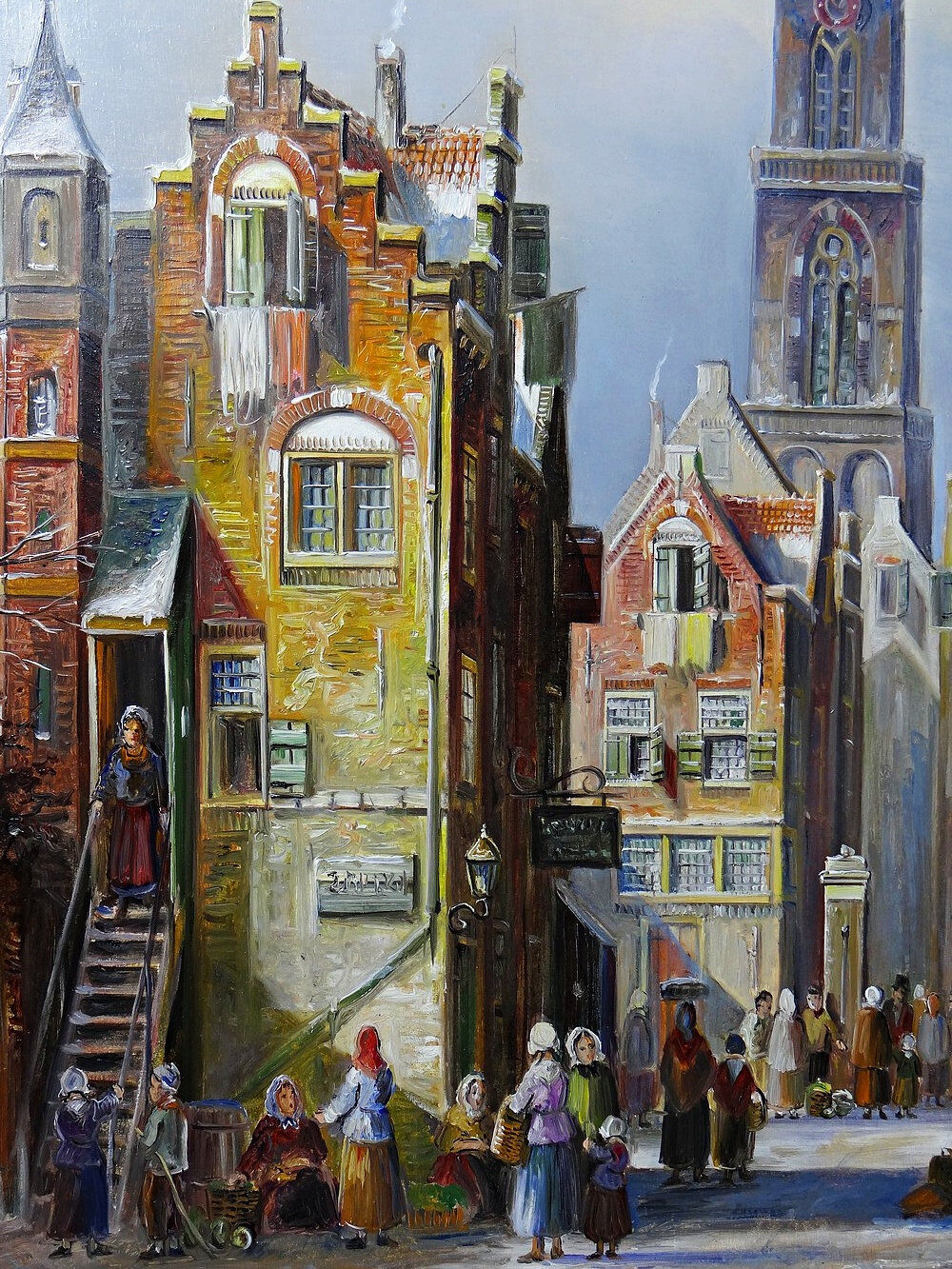 Large painting of an urban scene, oil on wood, framed, John Haanstra, vintage.