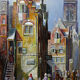 Large painting of an urban scene, oil on wood, framed, John Haanstra, vintage.