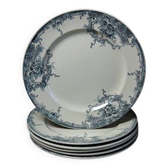 6 antique Boch Frères Keramis plates, Dauphin model, blue decoration, 19th-20th century.