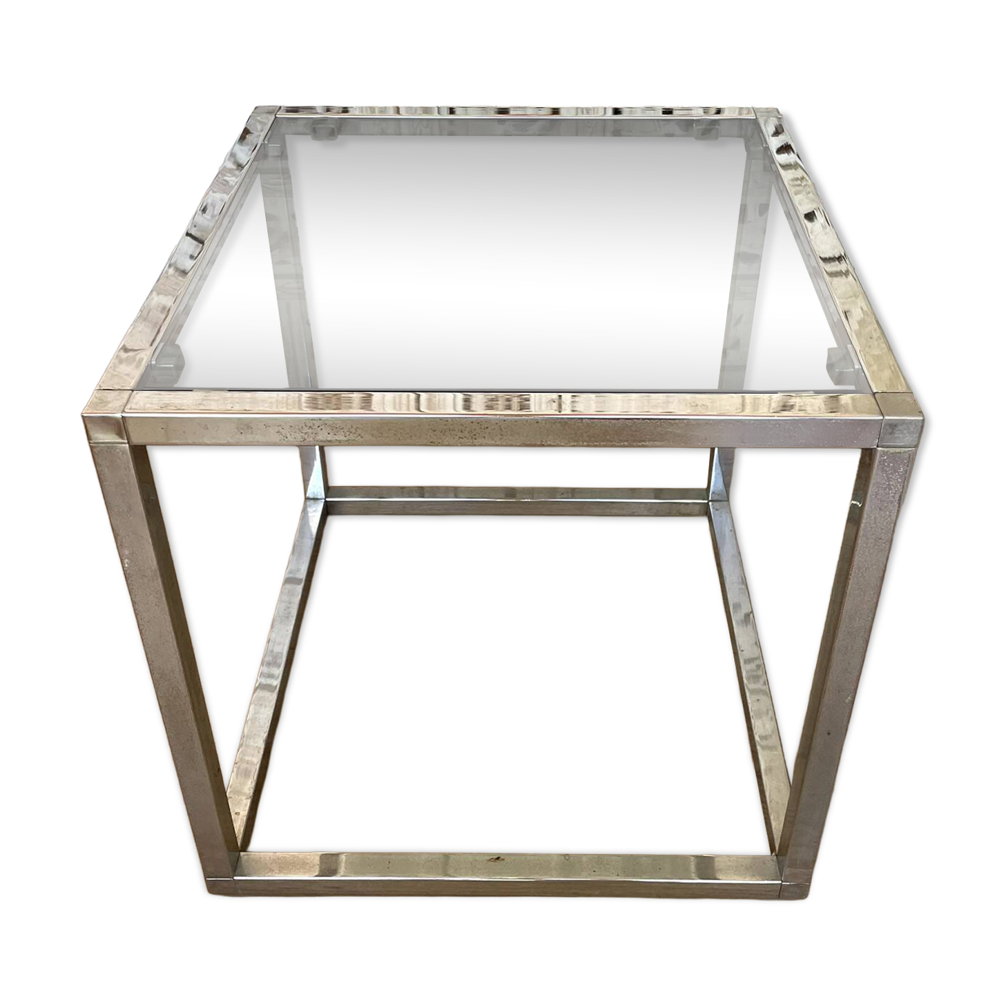 Table Basse / Bout de Canapé Vintage 1970 - Structure Chrome & Plateau Verr