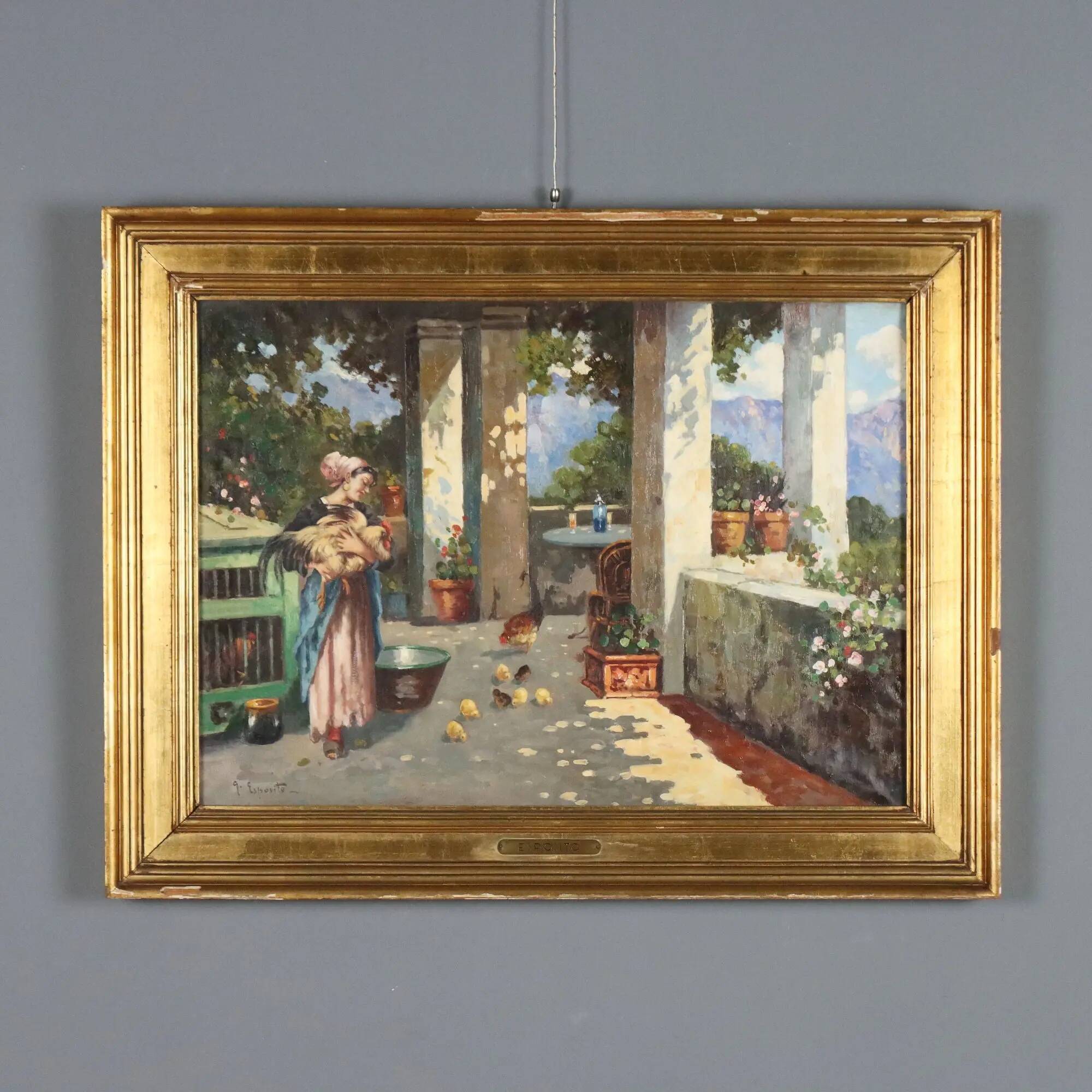 Old painting "The Porch" oil on canvas signed G. Esposito XX Century