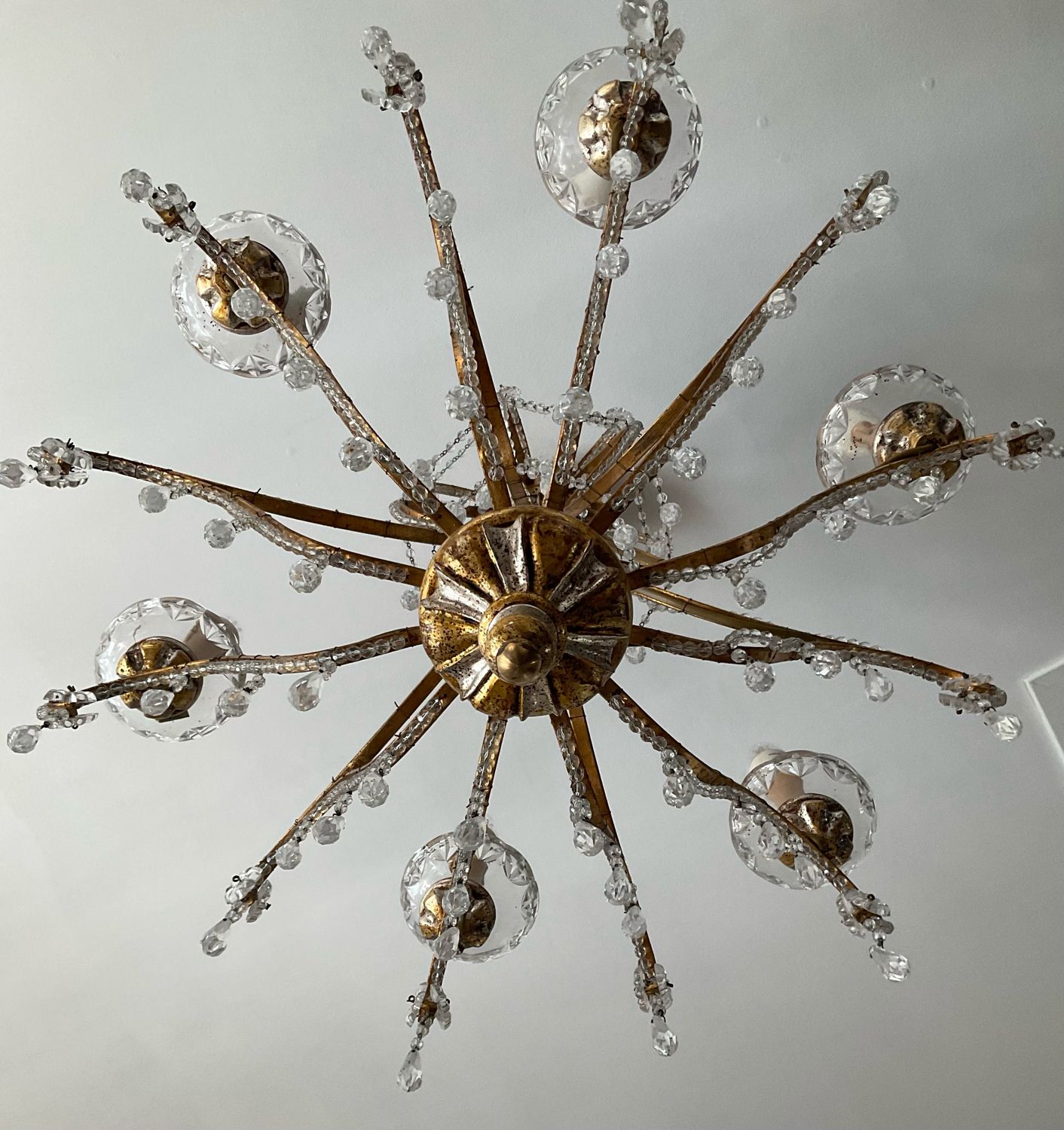Old Venetian chandelier with Bohemian crystal tassels and gilded wood