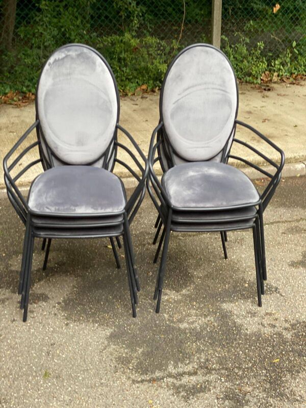 6 chaises à manger médaillon noir et velours gris avec accoudoir