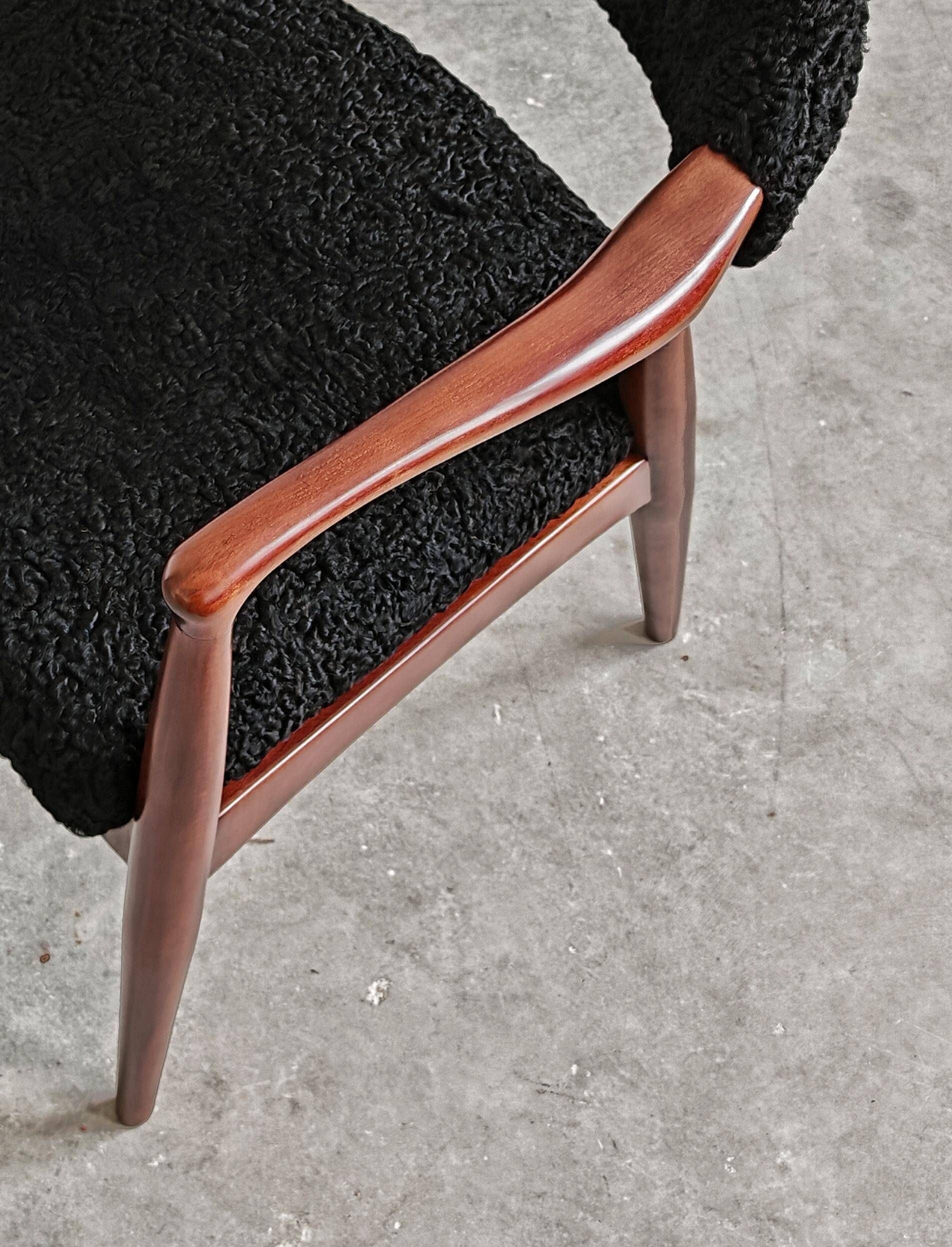 Mid Century Modern armchair in astrakhan lambskin, Yugoslavia 1960s