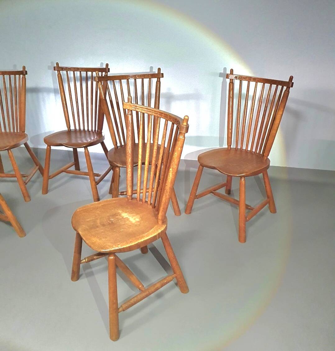 Lot de 6 chaises de salle à manger à dossier fuselé De Ster Geldermalsen en chêne massif, 1960