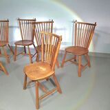 Set of 6 De Ster Geldermalsen spindle back dining chairs in solid oak, 1960