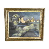 20th Century School - Art Deco - Oil on canvas - Seascape of boats in port - Clair o