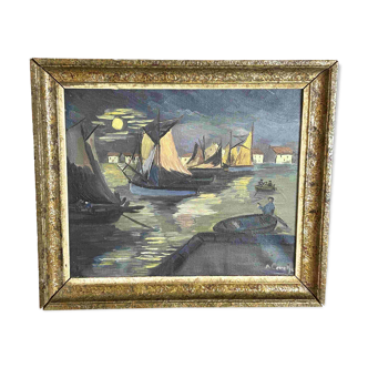 Huile sur toile Art Déco "Marine bateaux au port", Ecole du XXème s.