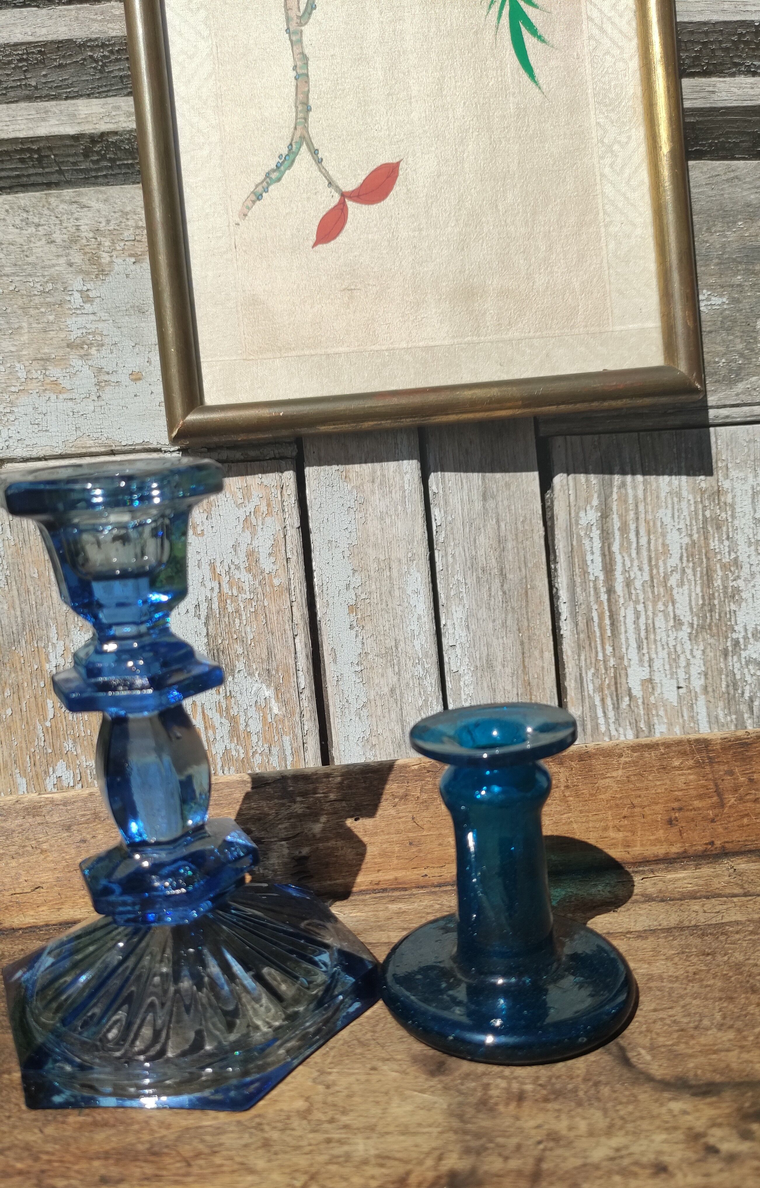 Bougeoirs vintages en verre épais bleu et turquoise