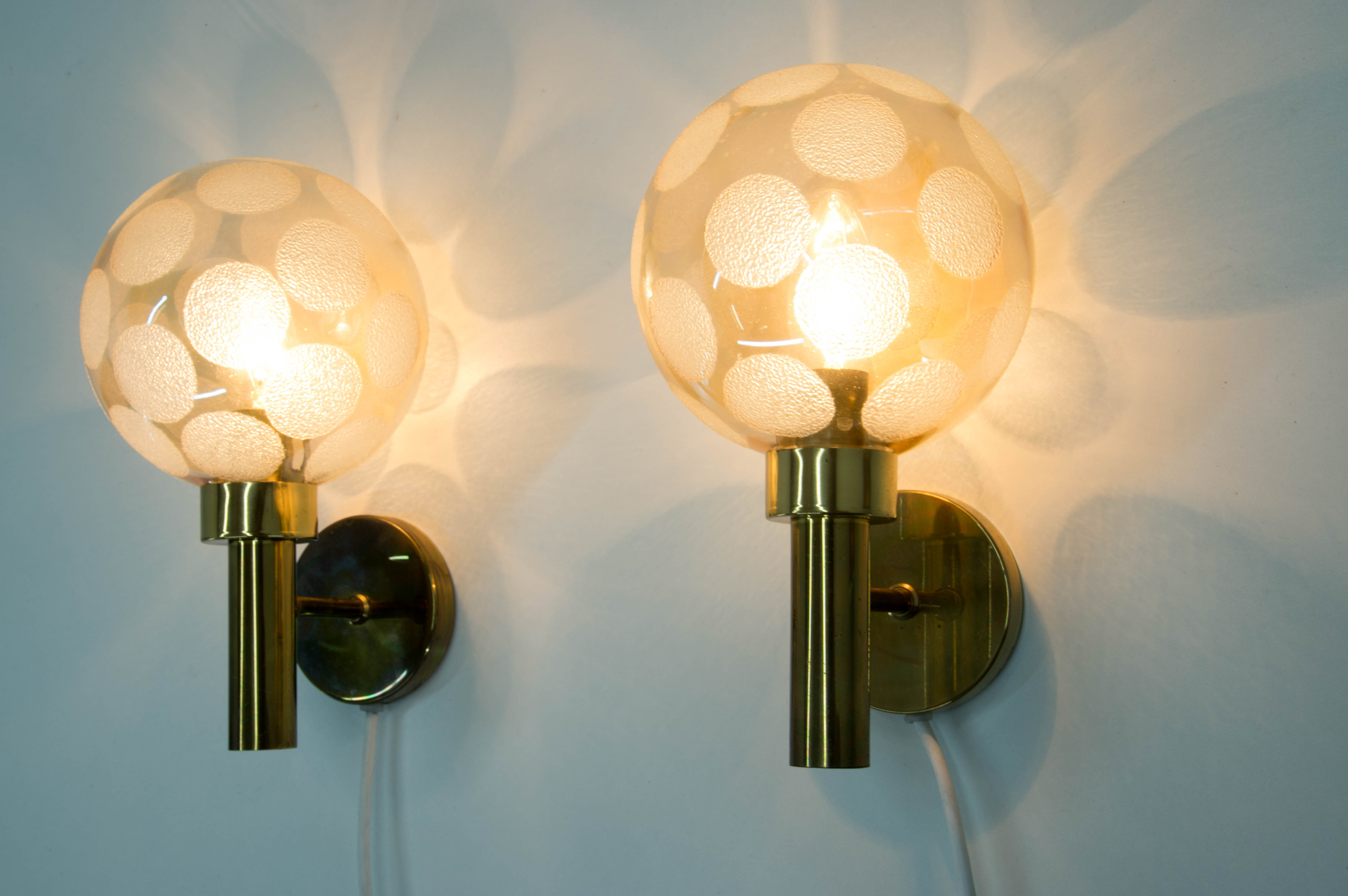 Pair of brass and glass wall lamps, Denmark, 1970s