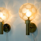 Pair of brass and glass wall lamps, Denmark, 1970s