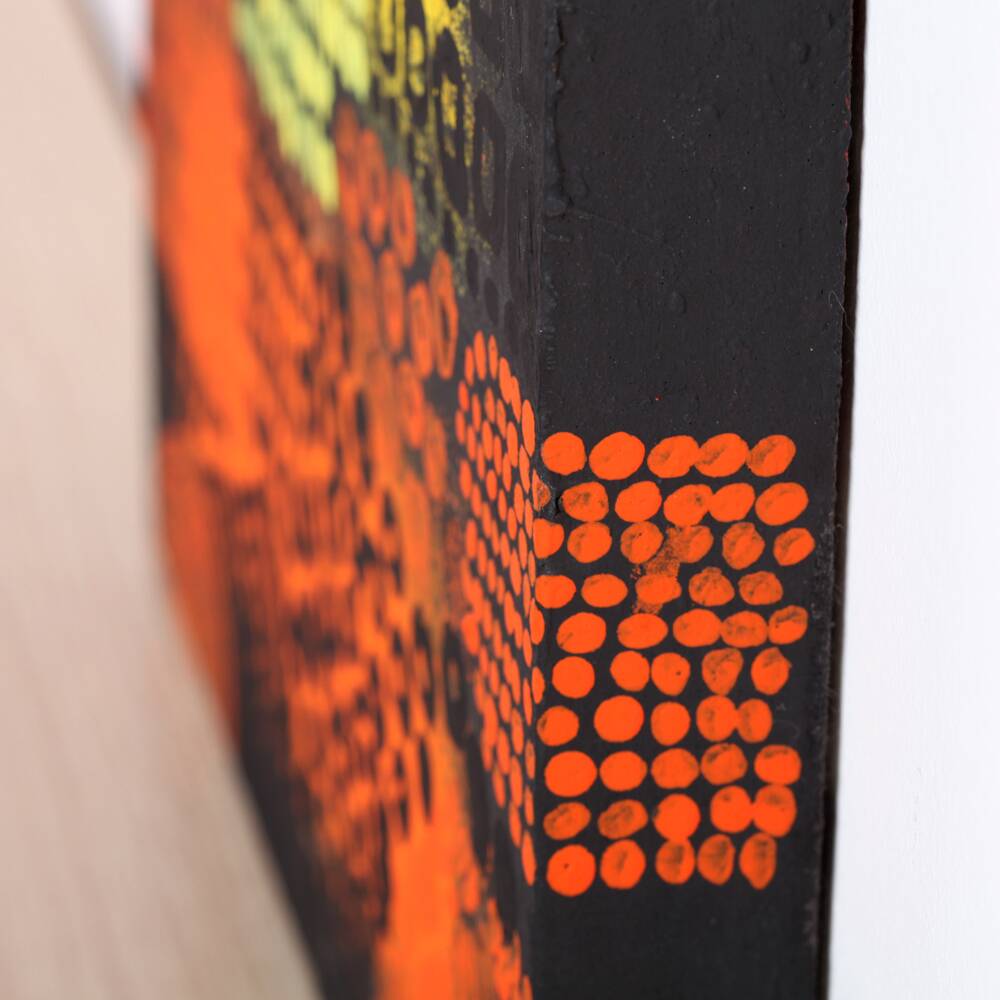 Orange, black and yellow abstract acrylic painting on stretched canvas