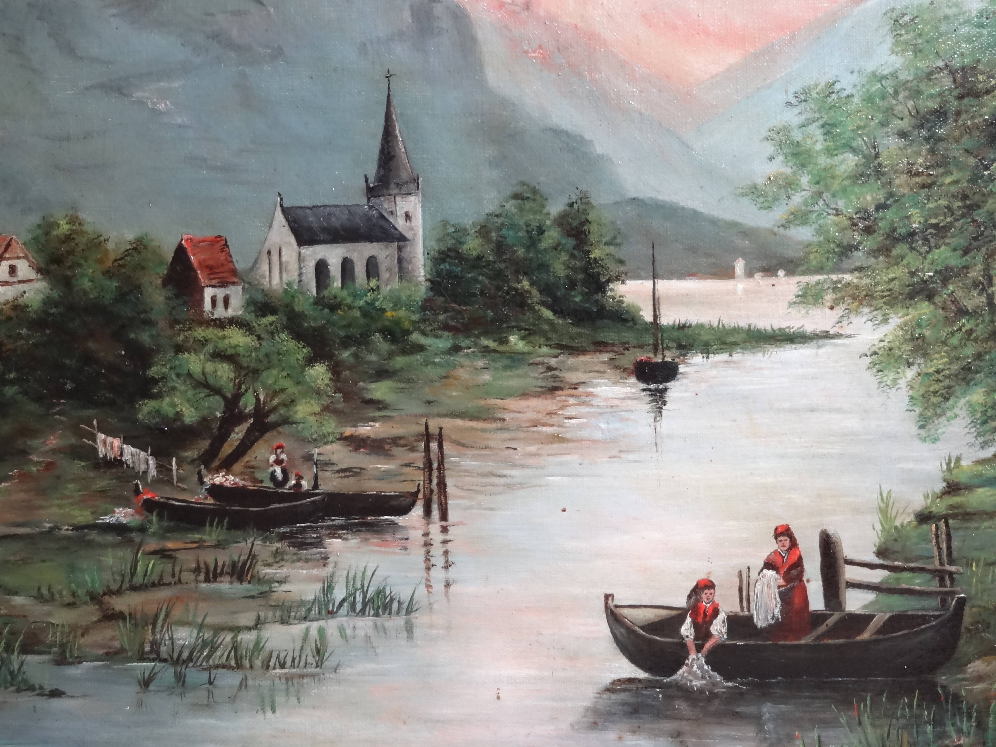 Animated landscape, washerwomen by the river, 81 x 70 cm, Oil on canvas XIXth by E. AYGAL