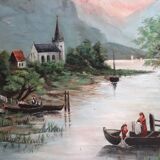 Animated landscape, washerwomen by the river, 81 x 70 cm, Oil on canvas XIXth by E. AYGAL